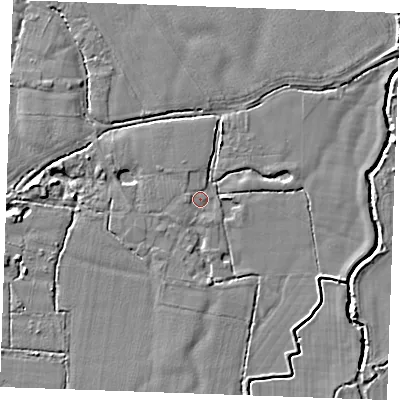 Shaded relief map of the ground around TN129RA, computed from Environment Agency LiDAR. The ground here sits at about 17 m above sea level and falls 5 m across the surrounding 800 m. Surface water reaching this point runs off ground lying to the south, 1.7 m higher.