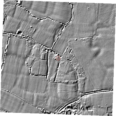 Shaded relief map of the ground around TN129RB, computed from Environment Agency LiDAR. The ground here sits at about 16 m above sea level and falls 4 m across the surrounding 800 m. Surface water reaching this point runs off ground lying to the south-south-east, 2.4 m higher.