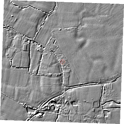 Shaded relief map of the ground around TN129RD, computed from Environment Agency LiDAR. The ground here sits at about 16 m above sea level and falls 4 m across the surrounding 800 m. Surface water reaching this point runs off ground lying to the south-east, 3.1 m higher.