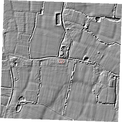 Shaded relief map of the ground around TN129RE, computed from Environment Agency LiDAR. The ground here sits at about 15 m above sea level and falls 4 m across the surrounding 800 m. Surface water reaching this point runs off ground lying to the north-north-east, 3.0 m higher.