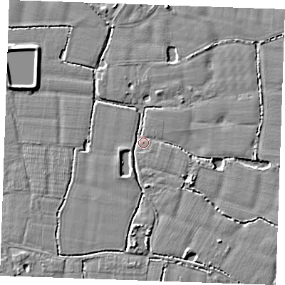 Shaded relief map of the ground around TN129RG, computed from Environment Agency LiDAR. The ground here sits at about 15 m above sea level and falls 5 m across the surrounding 800 m. Surface water reaching this point runs off ground lying to the south-east, 3.7 m higher.