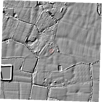 Shaded relief map of the ground around TN129RH, computed from Environment Agency LiDAR. The ground here sits at about 14 m above sea level and falls 5 m across the surrounding 800 m. Surface water reaching this point runs off ground lying to the north-west, 0.7 m higher.