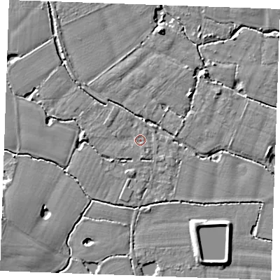 Shaded relief map of the ground around TN129RJ, computed from Environment Agency LiDAR. The ground here sits at about 14 m above sea level and falls 6 m across the surrounding 800 m. Surface water reaching this point runs off ground lying to the south, 1.8 m higher.