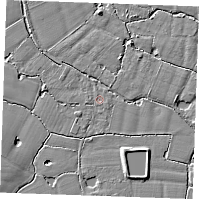 Shaded relief map of the ground around TN129RL, computed from Environment Agency LiDAR. The ground here sits at about 14 m above sea level and falls 6 m across the surrounding 800 m. Surface water reaching this point runs off ground lying to the south-south-west, 1.8 m higher.