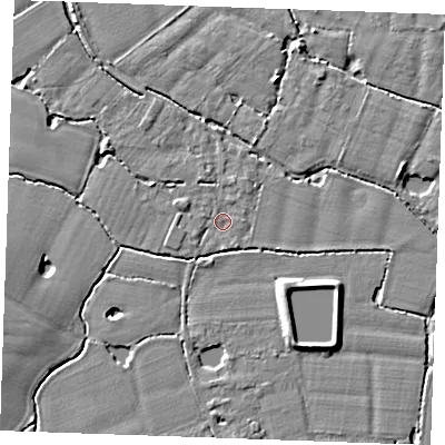 Shaded relief map of the ground around TN129RN, computed from Environment Agency LiDAR. The ground here sits at about 14 m above sea level and falls 6 m across the surrounding 800 m. Surface water reaching this point runs off ground lying to the south-south-west, 1.8 m higher.