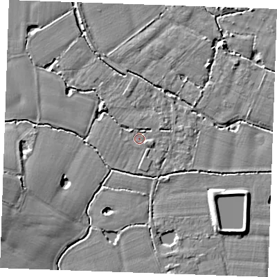 Shaded relief map of the ground around TN129RP, computed from Environment Agency LiDAR. The ground here sits at about 14 m above sea level and falls 6 m across the surrounding 800 m. Surface water reaching this point runs off ground lying to the east-south-east, 1.6 m higher.