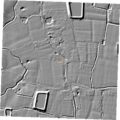 Shaded relief map of the ground around TN129RR, computed from Environment Agency LiDAR. The ground here sits at about 14 m above sea level and falls 6 m across the surrounding 800 m. Surface water reaching this point runs off ground lying to the south-south-east, 2.1 m higher.