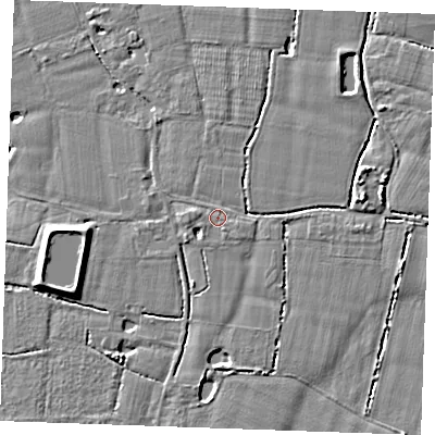 Shaded relief map of the ground around TN129RS, computed from Environment Agency LiDAR. The ground here sits at about 15 m above sea level and falls 5 m across the surrounding 800 m. Surface water reaching this point runs off ground lying to the west, 0.7 m higher.