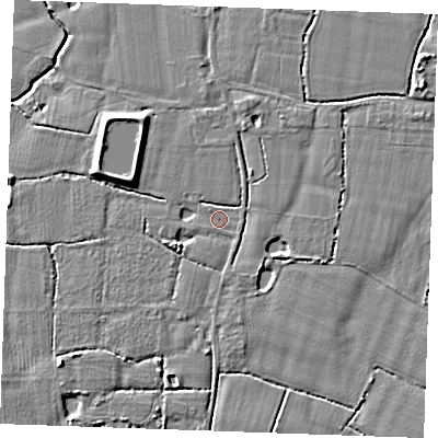Shaded relief map of the ground around TN129RT, computed from Environment Agency LiDAR. The ground here sits at about 15 m above sea level and falls 5 m across the surrounding 800 m. Surface water reaching this point runs off ground lying to the south-east, 2.0 m higher.