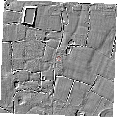 Shaded relief map of the ground around TN129RU, computed from Environment Agency LiDAR. The ground here sits at about 15 m above sea level and falls 5 m across the surrounding 800 m. Surface water reaching this point runs off ground lying to the east-south-east, 0.6 m higher.