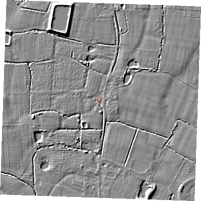 Shaded relief map of the ground around TN129RX, computed from Environment Agency LiDAR. The ground here sits at about 15 m above sea level and falls 5 m across the surrounding 800 m. Surface water reaching this point runs off ground lying to the south, 1.9 m higher.
