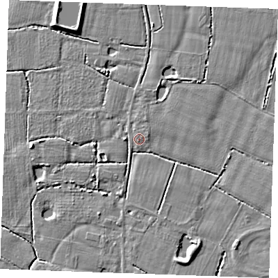 Shaded relief map of the ground around TN129SA, computed from Environment Agency LiDAR. The ground here sits at about 16 m above sea level and falls 5 m across the surrounding 800 m. Surface water reaching this point runs off ground lying to the east-north-east, 0.8 m higher.