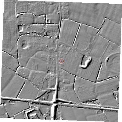 Shaded relief map of the ground around TN129SB, computed from Environment Agency LiDAR. The ground here sits at about 16 m above sea level and falls 8 m across the surrounding 800 m. Surface water reaching this point runs off ground lying to the south, 6.2 m higher.