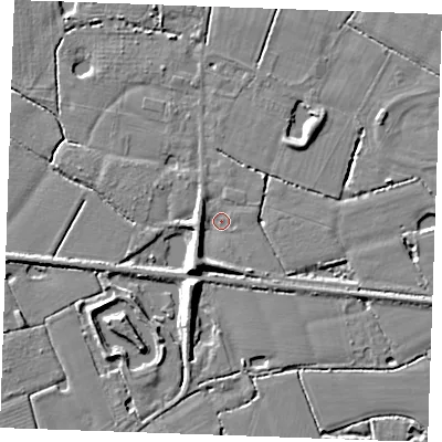 Shaded relief map of the ground around TN129SD, computed from Environment Agency LiDAR. The ground here sits at about 15 m above sea level and falls 8 m across the surrounding 800 m. Surface water reaching this point runs off ground lying to the south-south-west, 5.3 m higher.