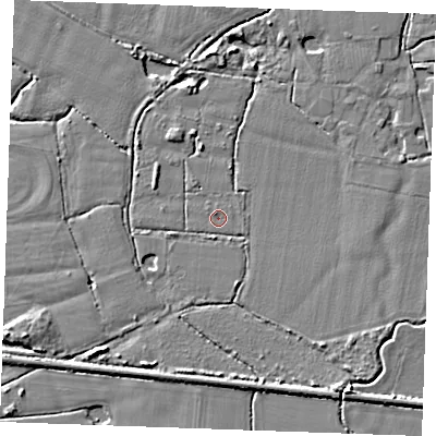 Shaded relief map of the ground around TN129SE, computed from Environment Agency LiDAR. The ground here sits at about 16 m above sea level and falls 6 m across the surrounding 800 m. Surface water reaching this point runs off ground lying to the north-north-west, 0.5 m higher.
