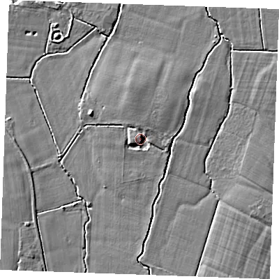 Shaded relief map of the ground around TN129SF, computed from Environment Agency LiDAR. The ground here sits at about 17 m above sea level and falls 5 m across the surrounding 800 m. Surface water reaching this point runs off ground lying to the west-south-west, 2.8 m higher.