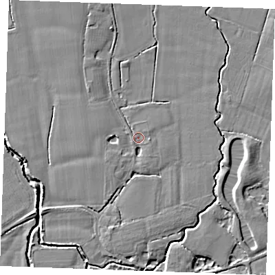 Shaded relief map of the ground around TN129SG, computed from Environment Agency LiDAR. The ground here sits at about 16 m above sea level and falls 5 m across the surrounding 800 m. Surface water reaching this point runs off ground lying to the south, 1.9 m higher.