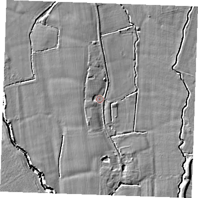 Shaded relief map of the ground around TN129SH, computed from Environment Agency LiDAR. The ground here sits at about 15 m above sea level and falls 5 m across the surrounding 800 m. Surface water reaching this point runs off ground lying to the south-south-west, 2.2 m higher.