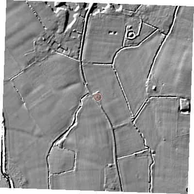 Shaded relief map of the ground around TN129SJ, computed from Environment Agency LiDAR. The ground here sits at about 15 m above sea level and falls 5 m across the surrounding 800 m. Surface water reaching this point runs off ground lying to the south, 1.4 m higher.