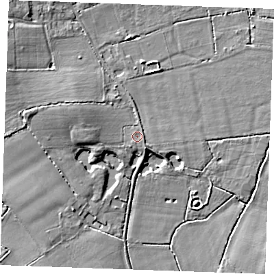 Shaded relief map of the ground around TN129SL, computed from Environment Agency LiDAR. The ground here sits at about 16 m above sea level and falls 7 m across the surrounding 800 m. Surface water reaching this point runs off ground lying to the south-east, 1.5 m higher.