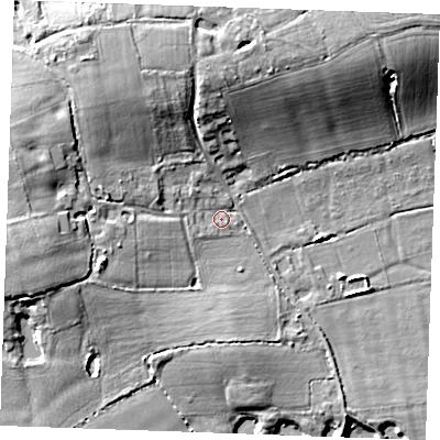 Shaded relief map of the ground around TN129SN, computed from Environment Agency LiDAR. The ground here sits at about 16 m above sea level and falls 10 m across the surrounding 800 m. Surface water reaching this point runs off ground lying to the west, 8.1 m higher.