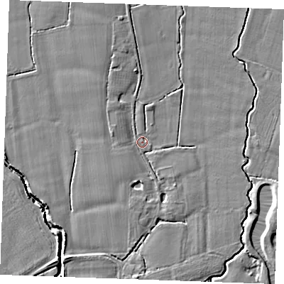 Shaded relief map of the ground around TN129SQ, computed from Environment Agency LiDAR. The ground here sits at about 15 m above sea level and falls 6 m across the surrounding 800 m. Surface water reaching this point runs off ground lying to the west-south-west, 1.3 m higher.