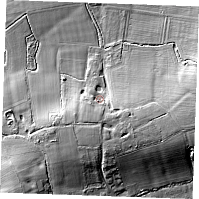 Shaded relief map of the ground around TN129SX, computed from Environment Agency LiDAR. The ground here sits at about 18 m above sea level and falls 11 m across the surrounding 800 m. Surface water reaching this point runs off ground lying to the south-east, 5.6 m higher.