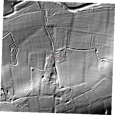 Shaded relief map of the ground around TN129SY, computed from Environment Agency LiDAR. The ground here sits at about 15 m above sea level and falls 12 m across the surrounding 800 m. Surface water reaching this point runs off ground lying to the south-south-east, 9.0 m higher.