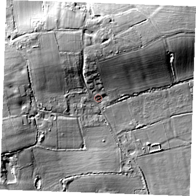 Shaded relief map of the ground around TN129TA, computed from Environment Agency LiDAR. The ground here sits at about 16 m above sea level and falls 10 m across the surrounding 800 m. Surface water reaching this point runs off ground lying to the north-north-west, 7.4 m higher.