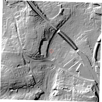 Shaded relief map of the ground around TN132BE, computed from Environment Agency LiDAR. The ground here sits at about 82 m above sea level and falls 34 m across the surrounding 800 m. Surface water reaching this point runs off ground lying to the west-south-west, 14.2 m higher.