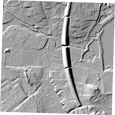 Shaded relief map of the ground around TN132DN, computed from Environment Agency LiDAR. The ground here sits at about 70 m above sea level and falls 23 m across the surrounding 800 m. Surface water reaching this point runs off ground lying to the south-south-east, 17.7 m higher.