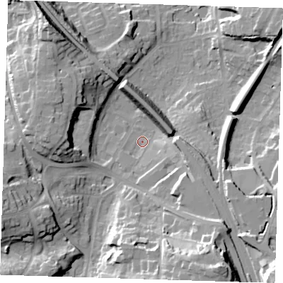 Shaded relief map of the ground around TN132HU, computed from Environment Agency LiDAR. The ground here sits at about 82 m above sea level and falls 34 m across the surrounding 800 m. Surface water reaching this point runs off ground lying to the south-south-east, 28.3 m higher.