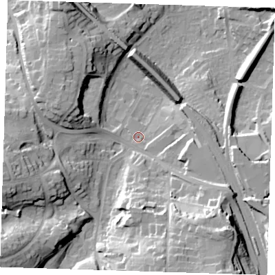 Shaded relief map of the ground around TN132HY, computed from Environment Agency LiDAR. The ground here sits at about 84 m above sea level and falls 33 m across the surrounding 800 m. Surface water reaching this point runs off ground lying to the south-south-east, 26.8 m higher.
