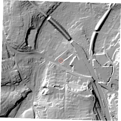 Shaded relief map of the ground around TN132JD, computed from Environment Agency LiDAR. The ground here sits at about 86 m above sea level and falls 36 m across the surrounding 800 m. Surface water reaching this point runs off ground lying to the east-south-east, 12.4 m higher.