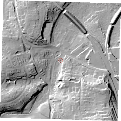 Shaded relief map of the ground around TN132JH, computed from Environment Agency LiDAR. The ground here sits at about 85 m above sea level and falls 42 m across the surrounding 800 m. Surface water reaching this point runs off ground lying to the south-south-east, 27.2 m higher.