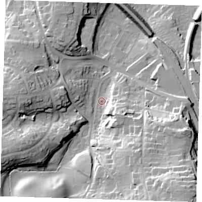 Shaded relief map of the ground around TN132JJ, computed from Environment Agency LiDAR. The ground here sits at about 86 m above sea level and falls 43 m across the surrounding 800 m. Surface water reaching this point runs off ground lying to the south-east, 35.5 m higher.