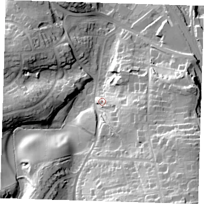 Shaded relief map of the ground around TN132JW, computed from Environment Agency LiDAR. The ground here sits at about 95 m above sea level and falls 48 m across the surrounding 800 m. Surface water reaching this point runs off ground lying to the east-south-east, 9.7 m higher.