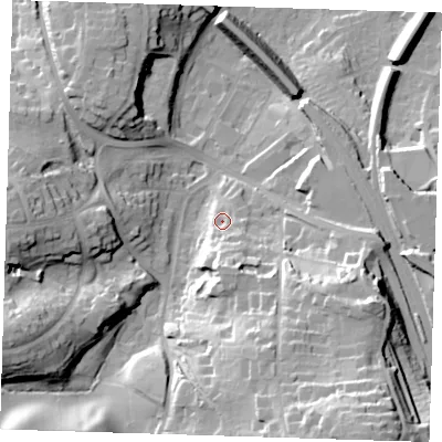 Shaded relief map of the ground around TN132LB, computed from Environment Agency LiDAR. The ground here sits at about 89 m above sea level and falls 43 m across the surrounding 800 m. Surface water reaching this point runs off ground lying to the south, 10.4 m higher.