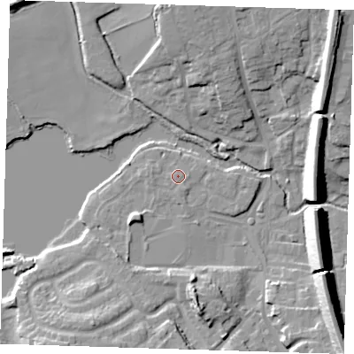 Shaded relief map of the ground around TN132QT, computed from Environment Agency LiDAR. The ground here sits at about 72 m above sea level and falls 18 m across the surrounding 800 m. Surface water reaching this point runs off ground lying to the south-west, 0.6 m higher.