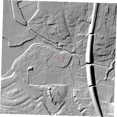 Shaded relief map of the ground around TN132QU, computed from Environment Agency LiDAR. The ground here sits at about 72 m above sea level and falls 19 m across the surrounding 800 m. Surface water reaching this point runs off ground lying to the east-north-east, 0.8 m higher.