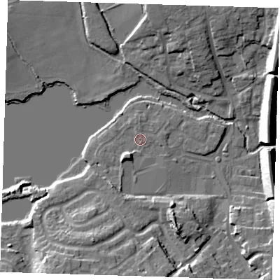 Shaded relief map of the ground around TN132QX, computed from Environment Agency LiDAR. The ground here sits at about 72 m above sea level and falls 17 m across the surrounding 800 m. Surface water reaching this point runs off ground lying to the south-south-west, 3.8 m higher.