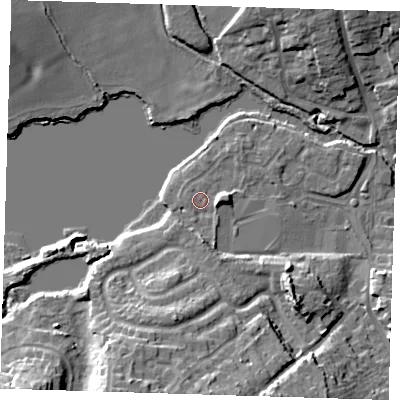 Shaded relief map of the ground around TN132QY, computed from Environment Agency LiDAR. The ground here sits at about 72 m above sea level and falls 17 m across the surrounding 800 m. Surface water reaching this point runs off ground lying to the south, 3.4 m higher.