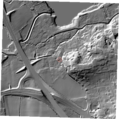 Shaded relief map of the ground around TN132RU, computed from Environment Agency LiDAR. The ground here sits at about 78 m above sea level and falls 25 m across the surrounding 800 m. Surface water reaching this point runs off ground lying to the east-south-east, 14.9 m higher.