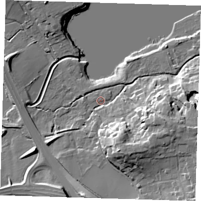 Shaded relief map of the ground around TN132RX, computed from Environment Agency LiDAR. The ground here sits at about 75 m above sea level and falls 23 m across the surrounding 800 m. Surface water reaching this point runs off ground lying to the south-south-east, 18.9 m higher.