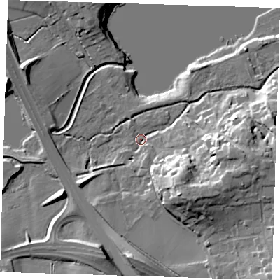 Shaded relief map of the ground around TN132RY, computed from Environment Agency LiDAR. The ground here sits at about 75 m above sea level and falls 23 m across the surrounding 800 m. Surface water reaching this point runs off ground lying to the south-east, 18.7 m higher.