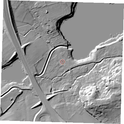 Shaded relief map of the ground around TN132RZ, computed from Environment Agency LiDAR. The ground here sits at about 75 m above sea level and falls 23 m across the surrounding 800 m. Surface water reaching this point runs off ground lying to the south-east, 18.7 m higher.
