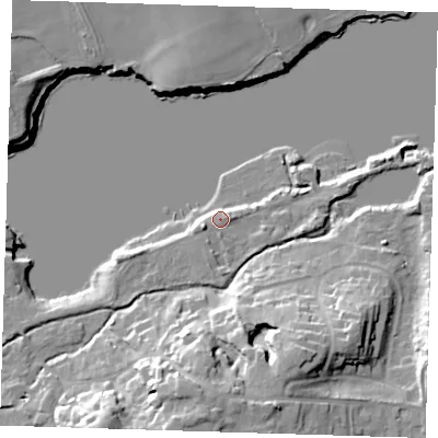 Shaded relief map of the ground around TN132SD, computed from Environment Agency LiDAR. The ground here sits at about 73 m above sea level and falls 23 m across the surrounding 800 m. Surface water reaching this point runs off ground lying to the west-south-west, 2.4 m higher.