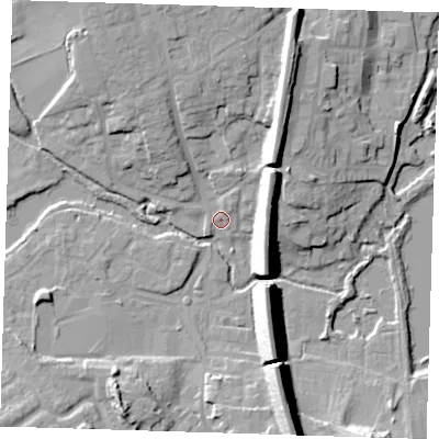 Shaded relief map of the ground around TN132UE, computed from Environment Agency LiDAR. The ground here sits at about 71 m above sea level and falls 20 m across the surrounding 800 m. Surface water reaching this point runs off ground lying to the north-north-east, 5.5 m higher.