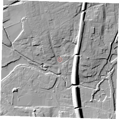Shaded relief map of the ground around TN132UF, computed from Environment Agency LiDAR. The ground here sits at about 72 m above sea level and falls 19 m across the surrounding 800 m. Surface water reaching this point runs off ground lying to the north-north-west, 12.2 m higher.