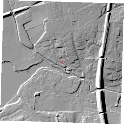 Shaded relief map of the ground around TN132UZ, computed from Environment Agency LiDAR. The ground here sits at about 72 m above sea level and falls 18 m across the surrounding 800 m. Surface water reaching this point runs off ground lying to the north-north-east, 8.6 m higher.